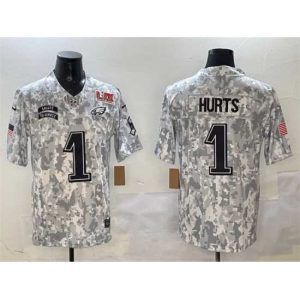 Exceptional Philadelphia Eagles 1 Jalen Hurts Arctic Camo 2025 Super Bowl LIX Patch F.U.S.E Salute Magnificent To Service Limited Stitched Football Jersey Show your dedication! Own this special jersey for your team.