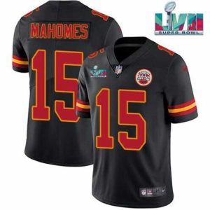 Gorgeous Kansas City Chiefs 15 Patrick Mahomes Black Super Bowl LVII Patch Vapor Untouchable Dashing Limited Stitched Jersey Team spirit! Show it off with this awesome jersey.