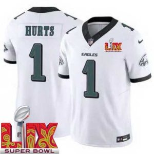 Magnificent Philadelphia Eagles Jalen Hurts #1 White Exceptional 2024 2025 Super Bowl LIX F.U.S.E Stitched NFL Jersey Trending now! Grab this hot jersey while you can.